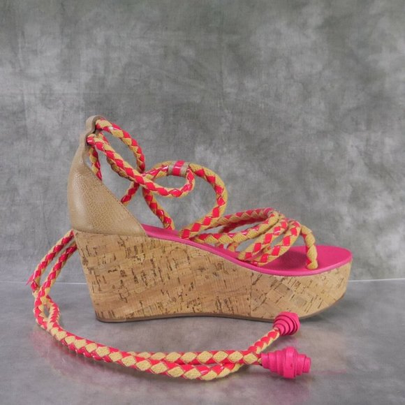 NWD Tory Burch Tie Up Pink/Tan Rope & Cork Petra Mid Wedge Wom 8.5 M $375    ANB - Picture 2 of 12